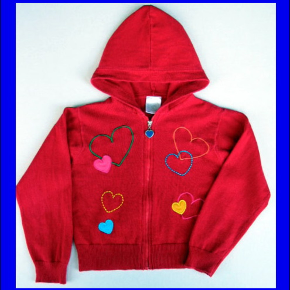 Girls Red Hearts Hoodie Sweater Zip Up Fine Knit